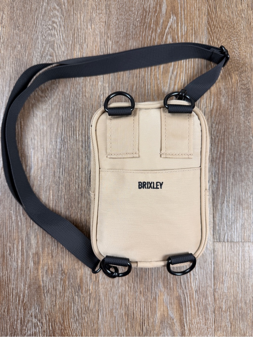 Brixley Crossbody Sling Bag Tan Black Zip Multi Position D-Ring Adjustable